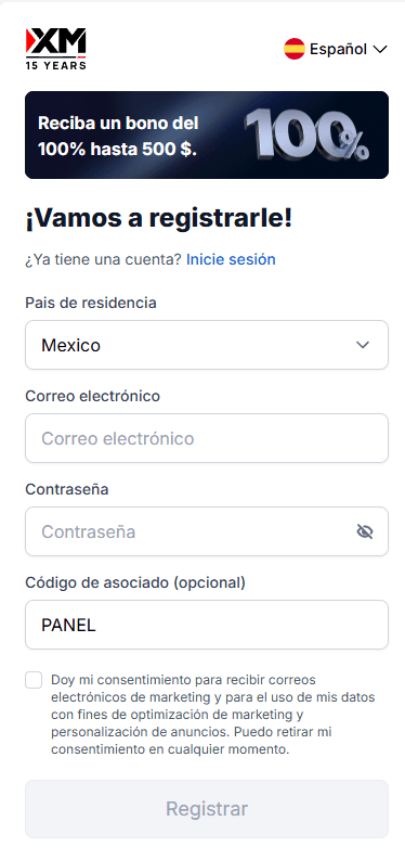 Registro XM con código PANEL